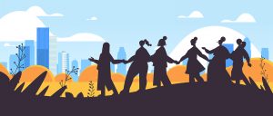 Illustration of six women holding hands in front of the Chicago skyline. The women in the photo represent the support that new moms can get from meeting in a new moms support group in Chicago, IL. | 60305 | 60130 | 60402